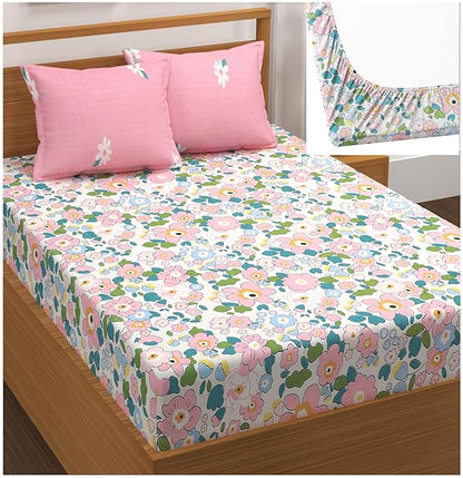 Cotton Feel Glace Cotton Elastic Fitted Printed King Size Double Bed Bedsheet with 2 Pillow Covers